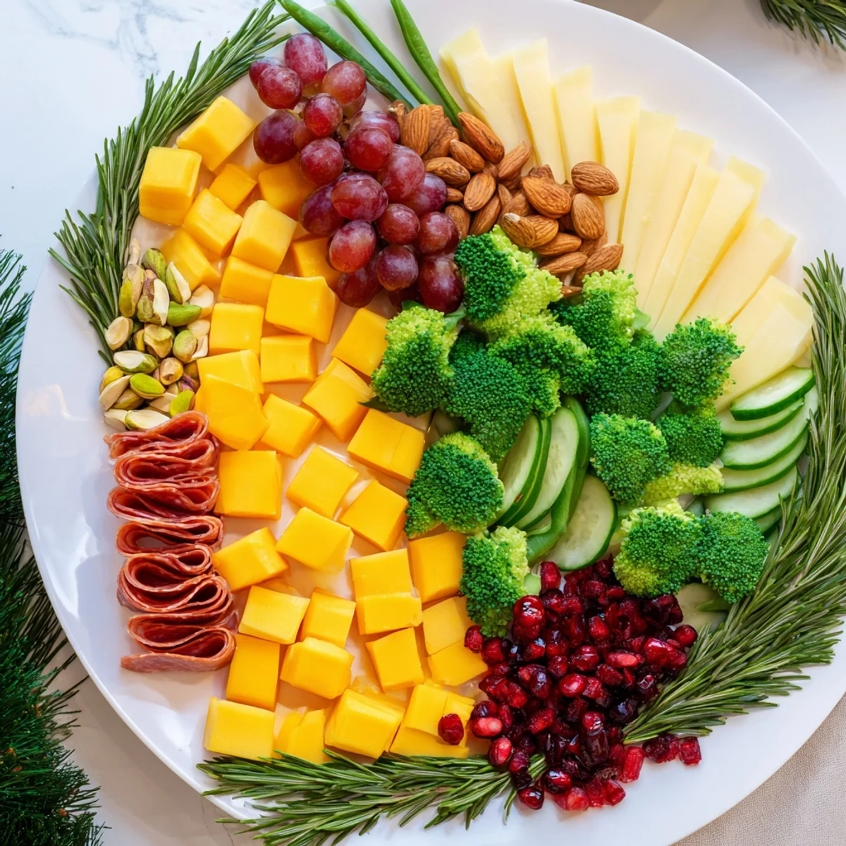Close-up of a vibrant Evergreen Tree Snack Board with colorful fruits, cheeses, and charcuterie perfect for a party.