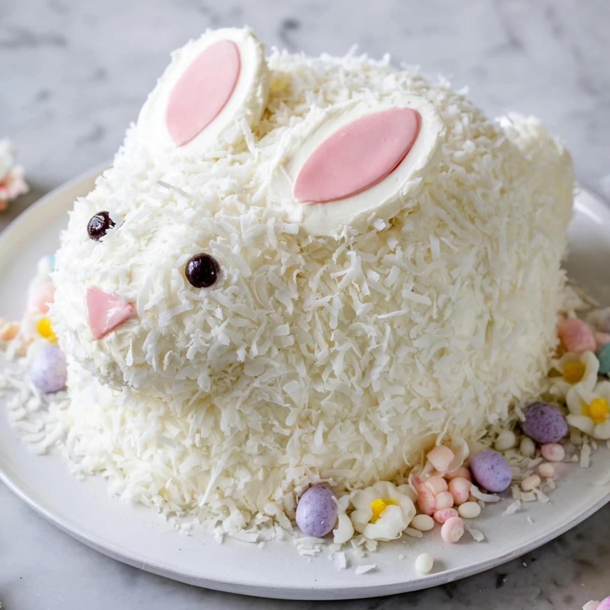 A whimsical Spring Bunny Carrot Cake decorated with coconut "fur" and colorful candies.