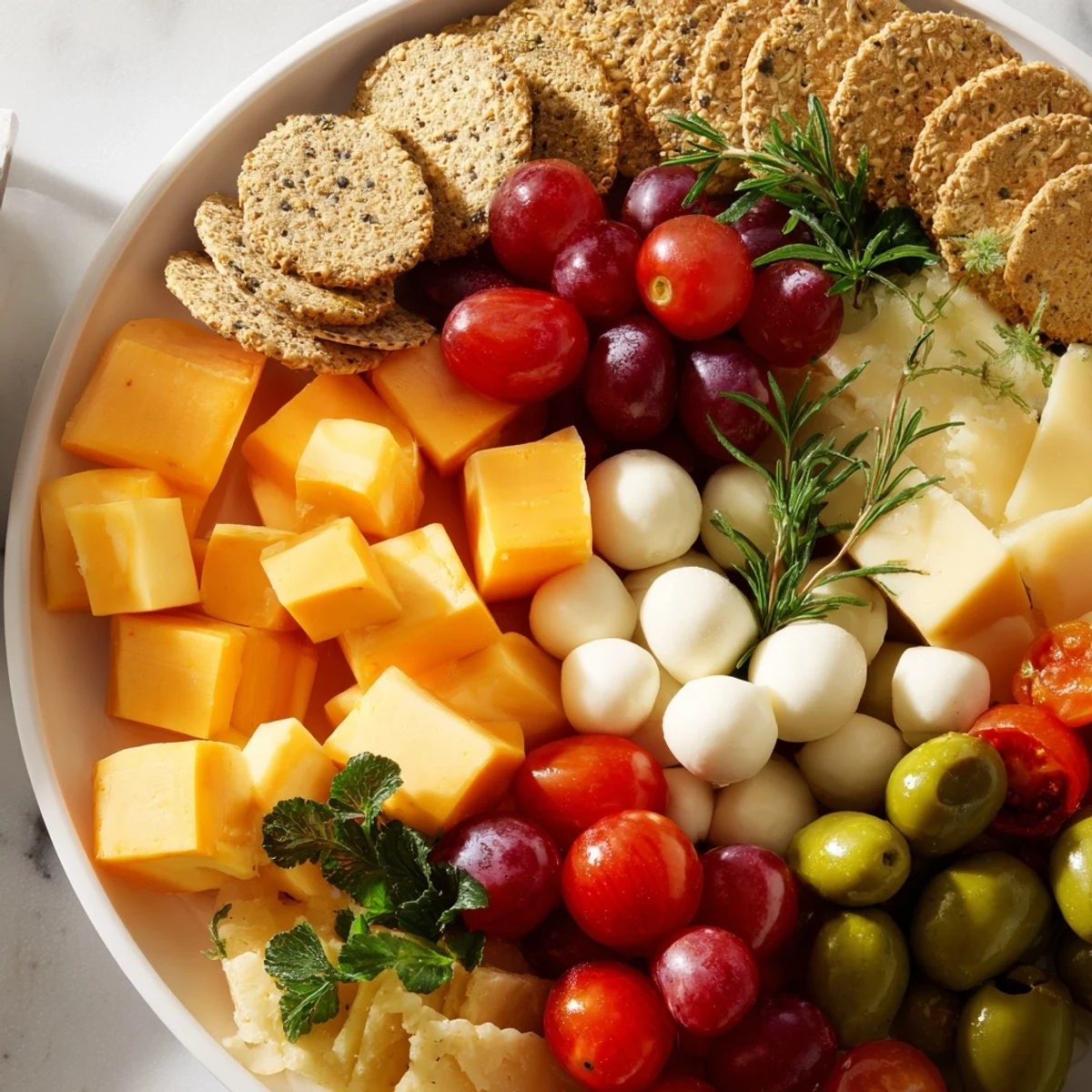 A vibrant Jingle Bell Cheese & Cracker Wreath, arranged artfully with colorful cheese and fresh grapes.