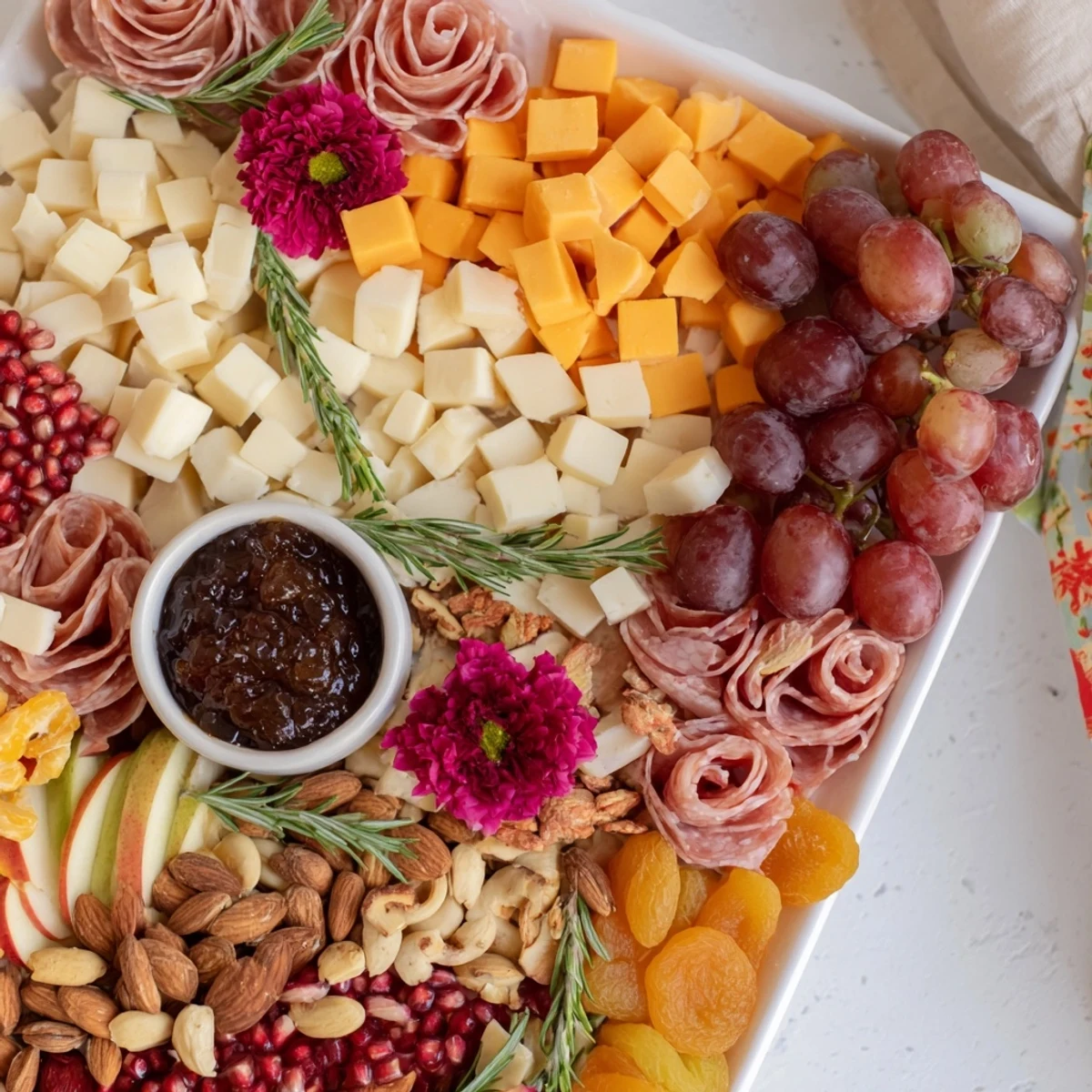 A vibrant Holiday Bow Appetizer Platter boasts cheeses, meats, fruit, and nuts, a festive display.