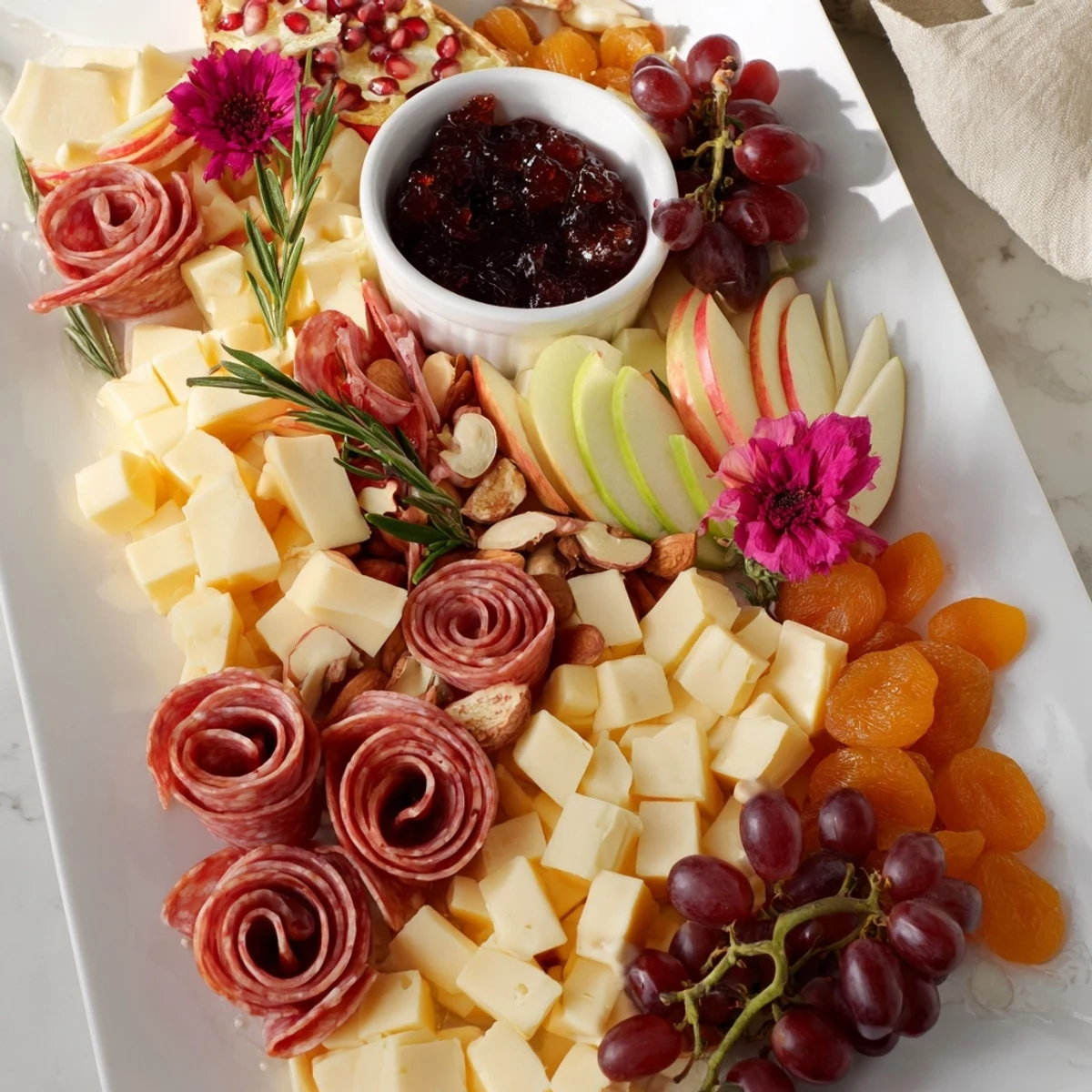 This beautiful Holiday Bow Appetizer Platter features a mouthwatering assortment of savory and sweet treats ready to enjoy.