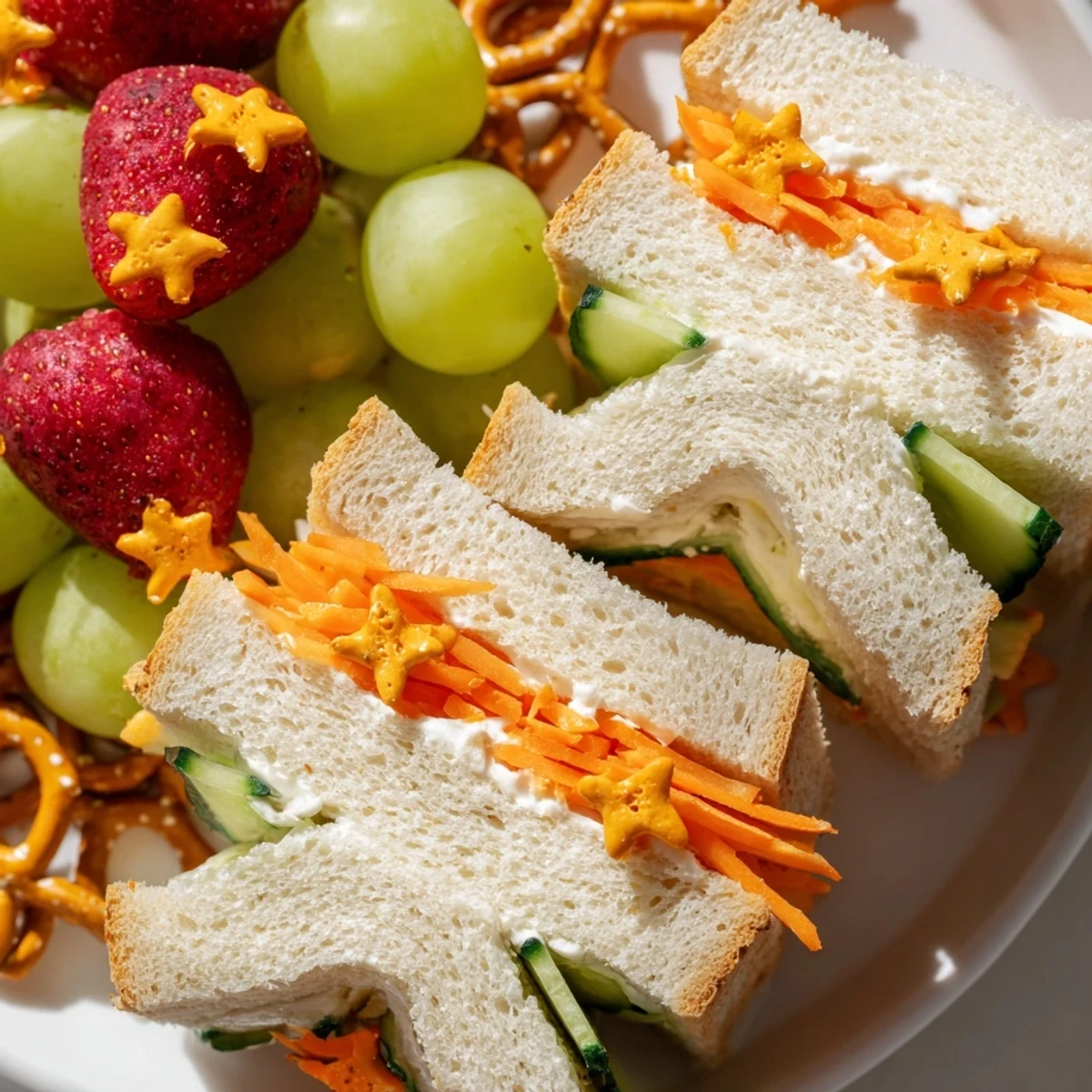 Crisp photo of a Beach Day Starfish snack spread, showing colorful starfish sandwiches and fresh fruits.