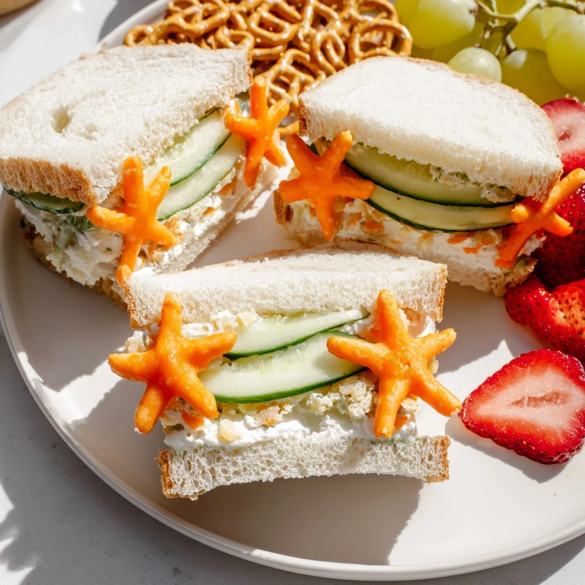 This Beach Day Starfish snack spread presents a fun platter: sandwiches, veggies, and goldfish crackers arranged.