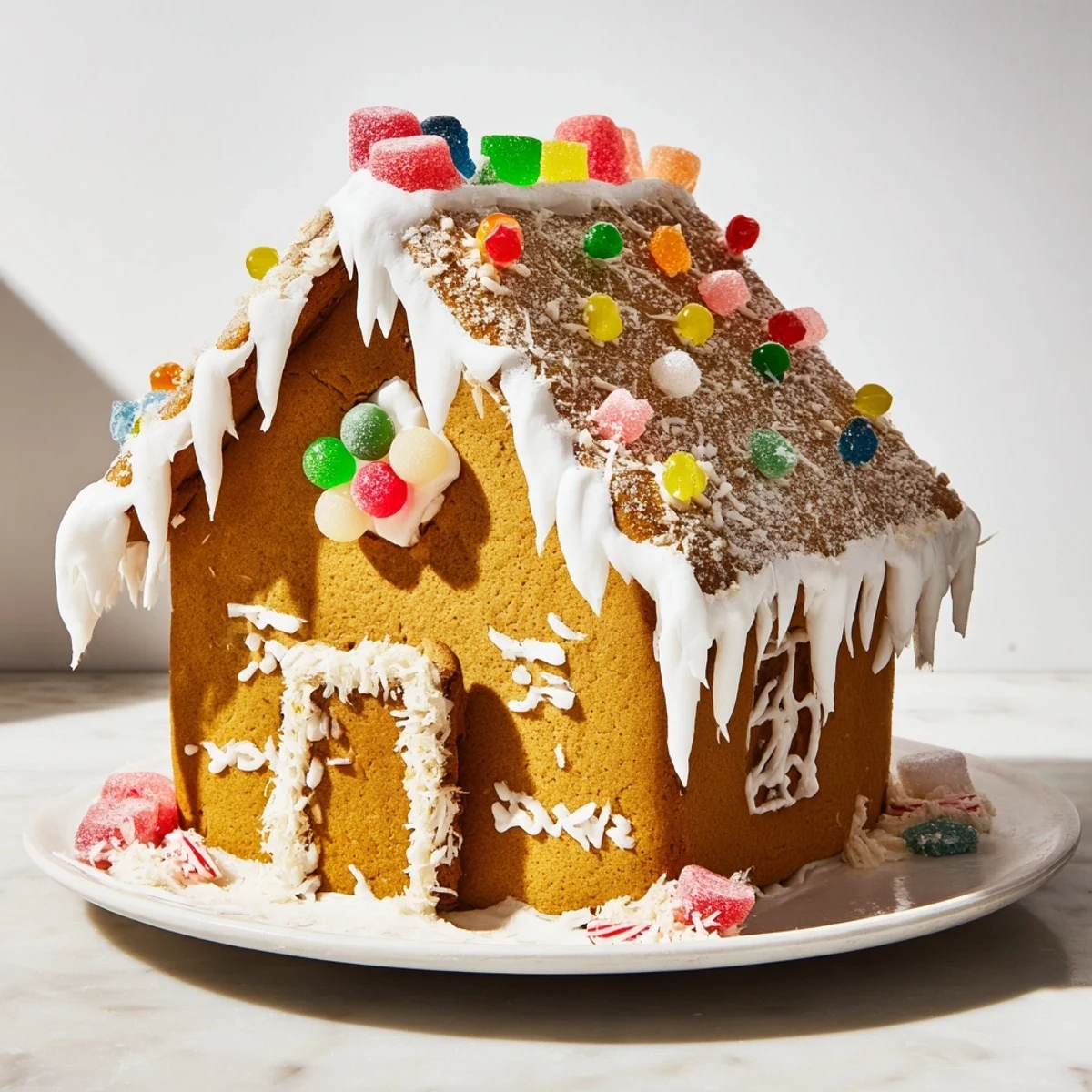 A decorated gingerbread house with colorful candies and glistening icing, a holiday treat.