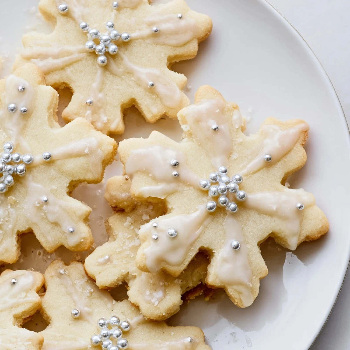 Golden snowflake-shaped Winter Snowflake Platter cookies are coated in white chocolate and sprinkles, ready to serve.