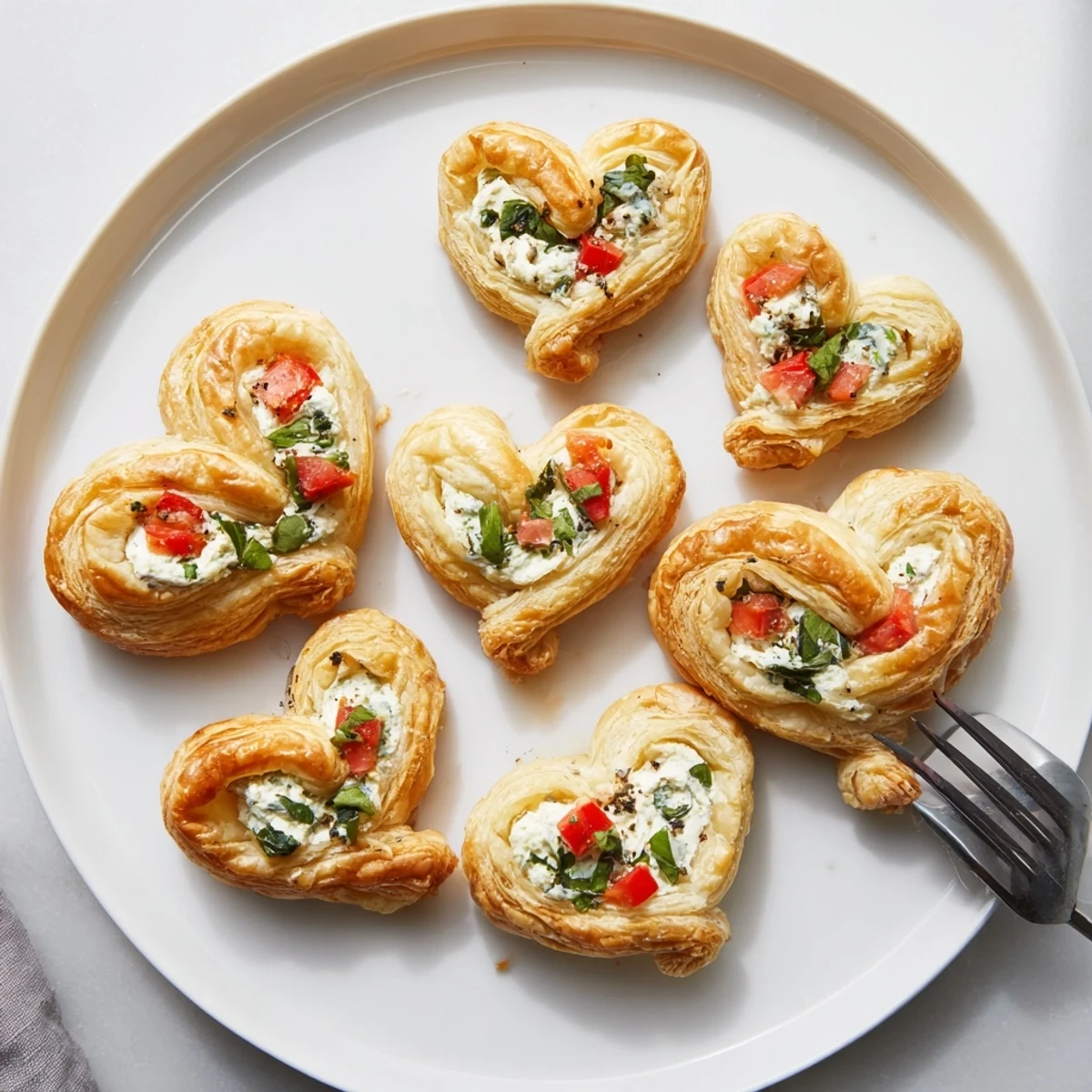 Golden, flaky Cœurs Entrelacés appetizer with creamy goat cheese and red peppers, ready to eat