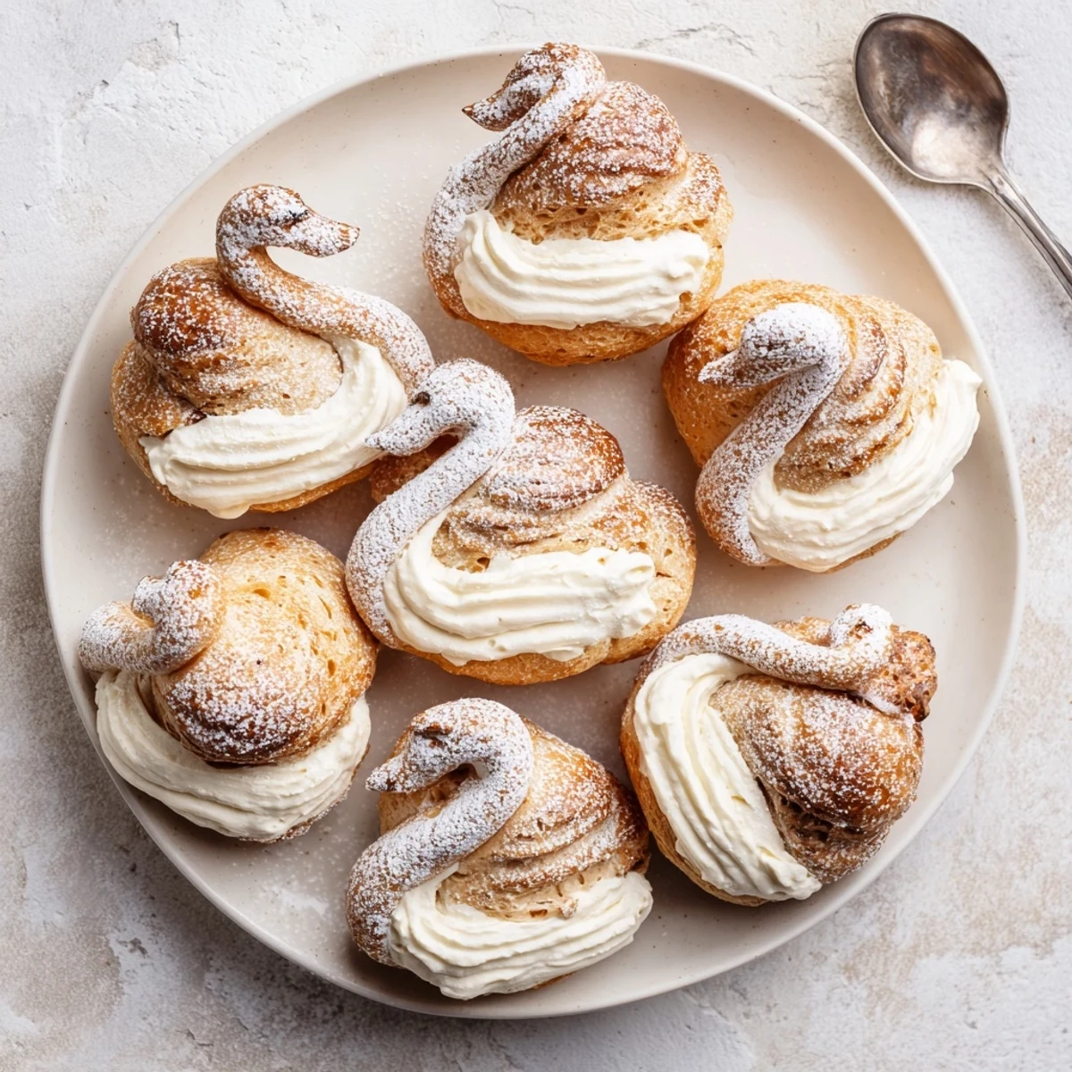 Close-up of fluffy Elegant Swan Mini Pastries, showcasing the creamy vanilla filling, before serving.