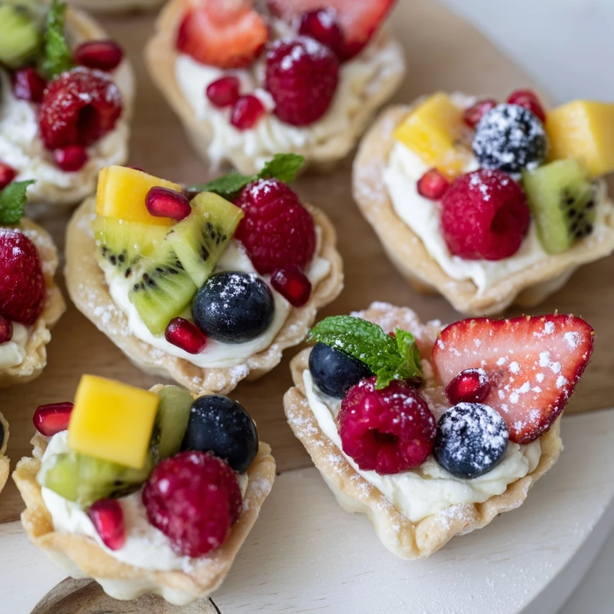 Heart Shaped Fruit Tart Board arranged with colorful fresh berries, a sweet Valentine's Day dessert.