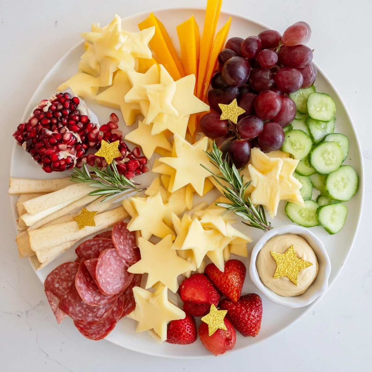 Festive Happy New Year 2026 Star Board, overflowing with star-shaped cheese, meats, fruits and dips, ready to serve.