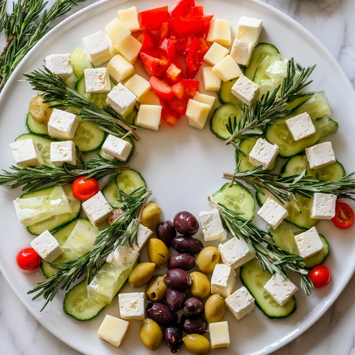 Festive Cheese & Olives wreath, artfully arranged on a platter, ready to be enjoyed as a holiday appetizer.