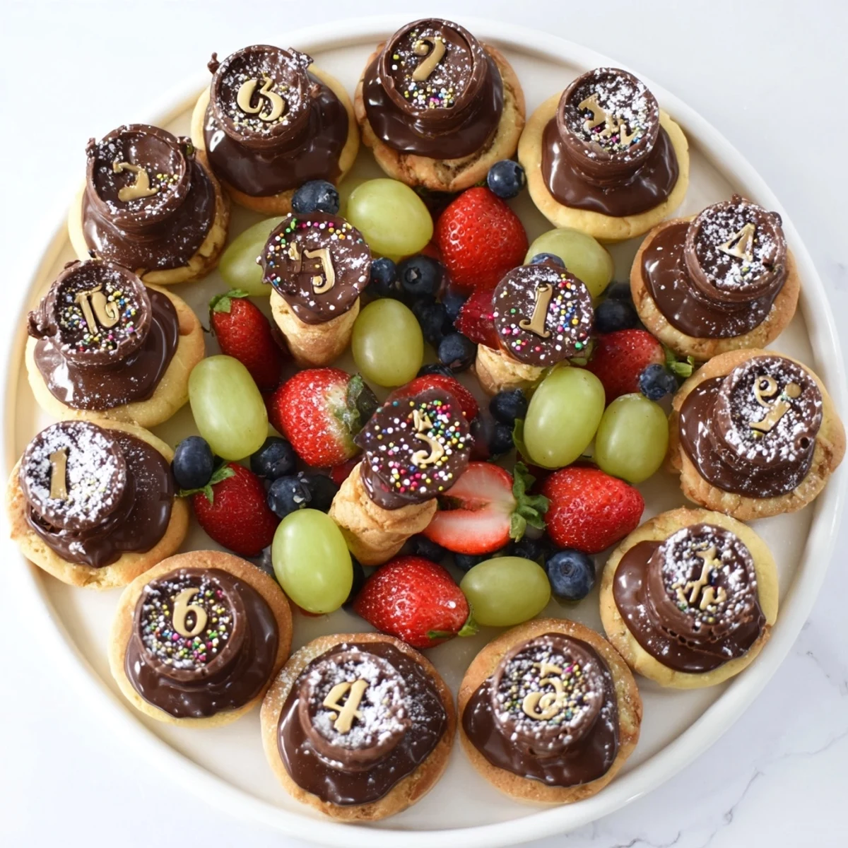 A beautiful Sparkling Clock Countdown Platter with glistening fruits and pastries awaits.