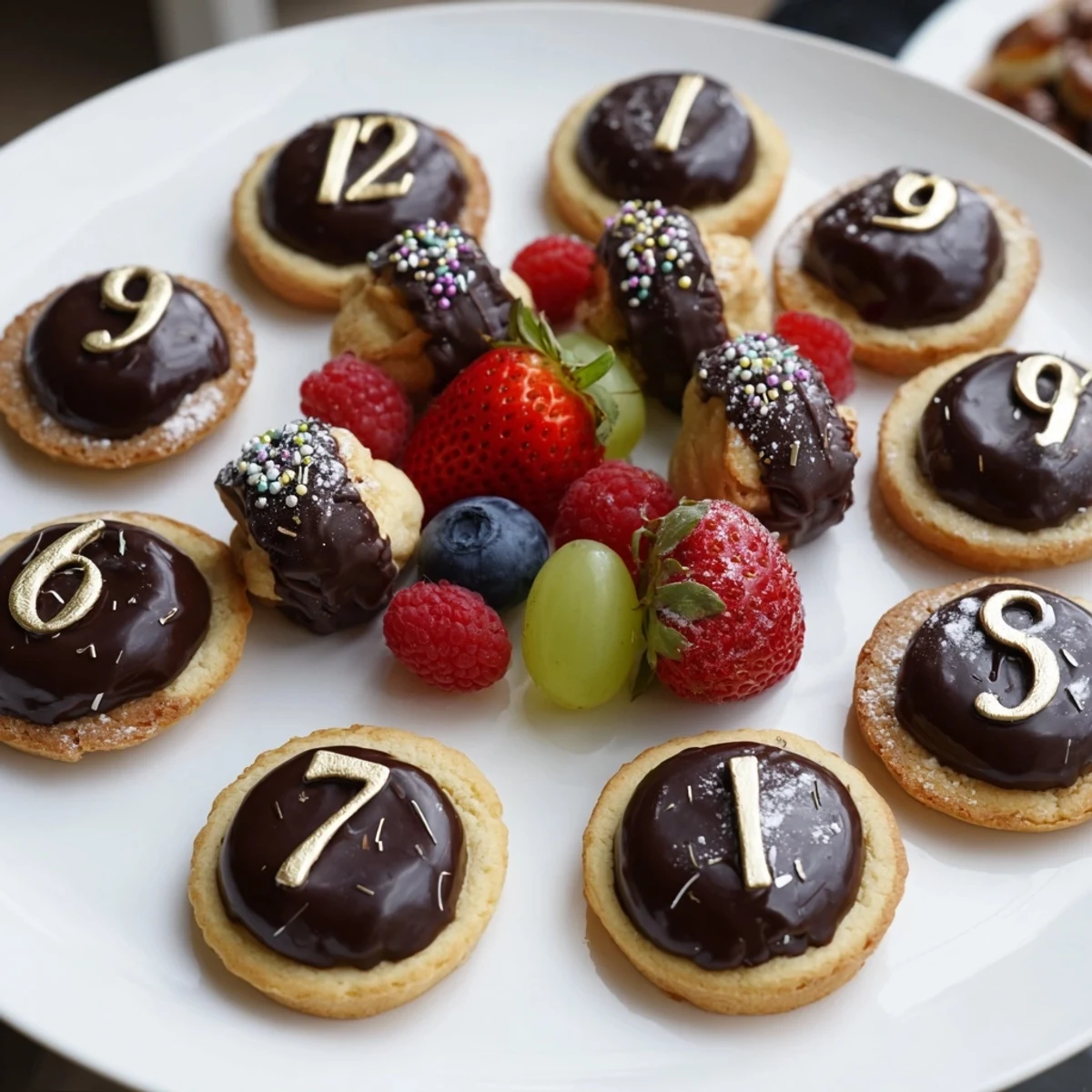 This Sparkling Clock Countdown Platter offers a delightful arrangement of desserts, ready for New Year's Eve.