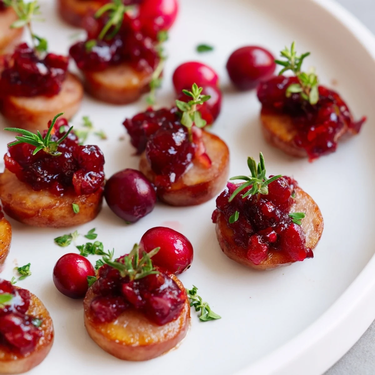 Festive Holly Berry Sausage Bites, savory and colorful, garnished with fresh herbs and cranberries.