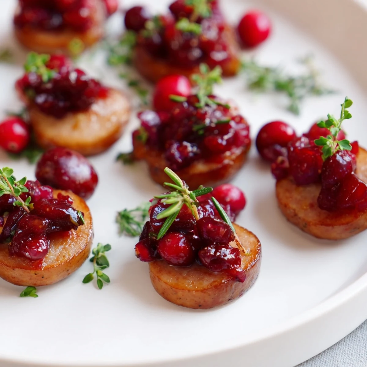 Golden-brown Festive Holly Berry Sausage Bites, topped with vibrant cranberry and rosemary for a holiday appetizer.