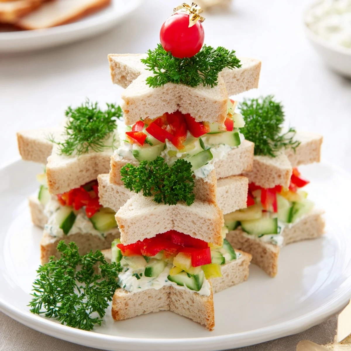 Close-up of Stacked Star Christmas Tree Sandwiches, featuring star-shaped bread and colorful fillings, appetizer-ready.