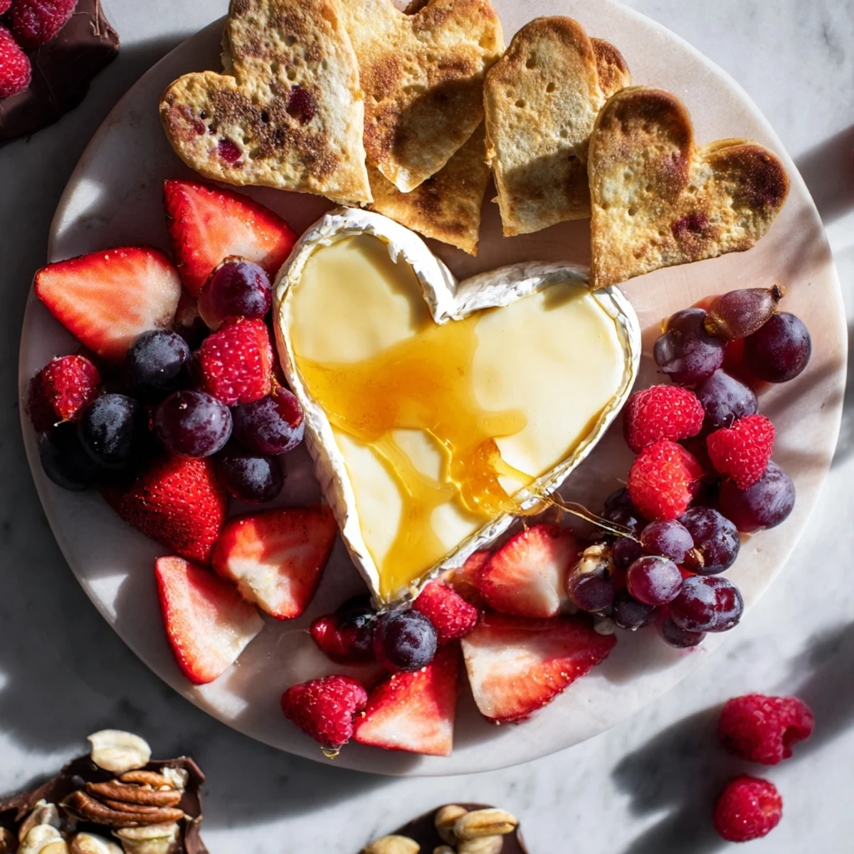 A romantic Sweetheart Brie and Jam Board, brimming with fresh fruit, ready to impress on Valentine's Day.