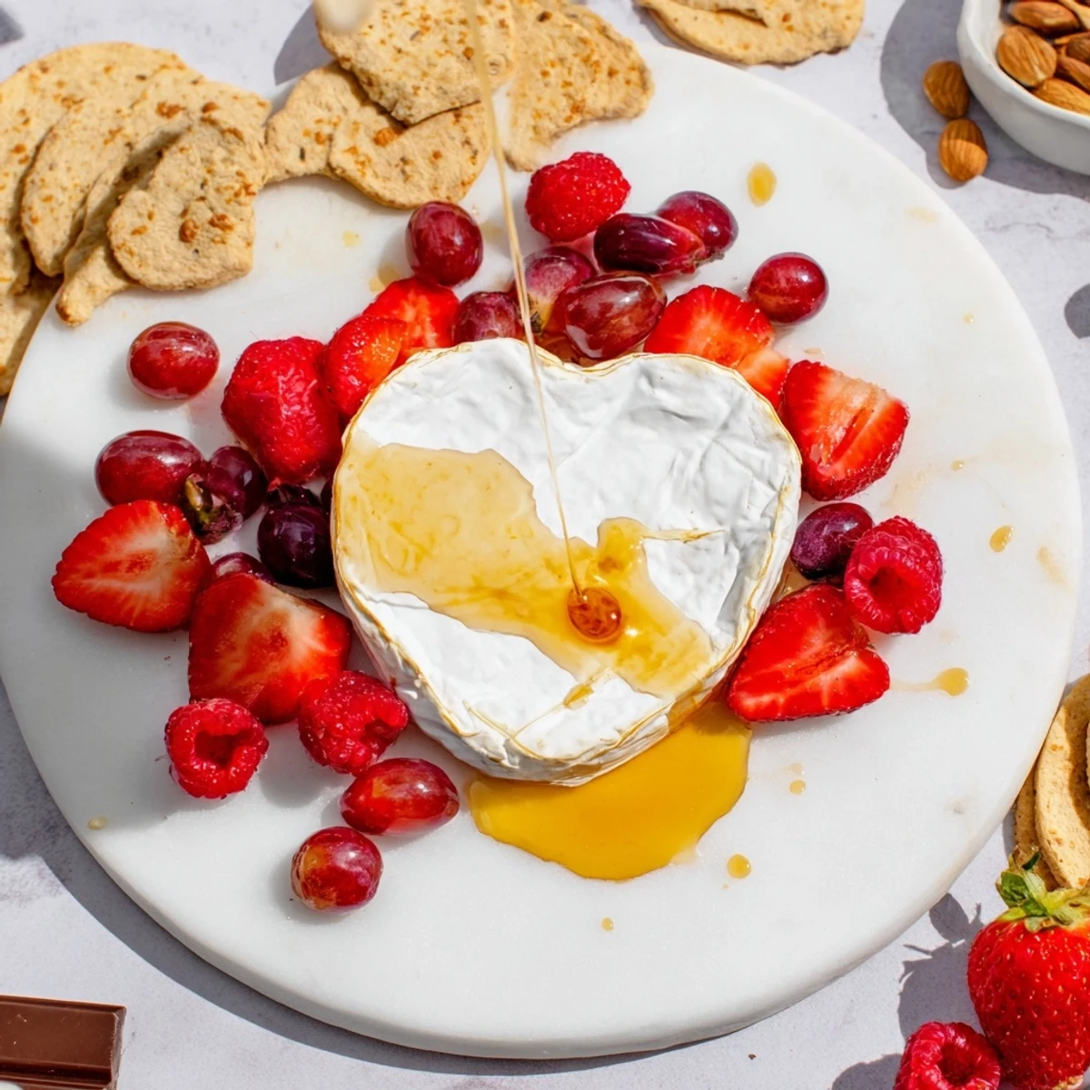 Heart-shaped Brie with beautiful jam and fruit on this gorgeous Sweetheart Brie and Jam Board, perfect for sharing.