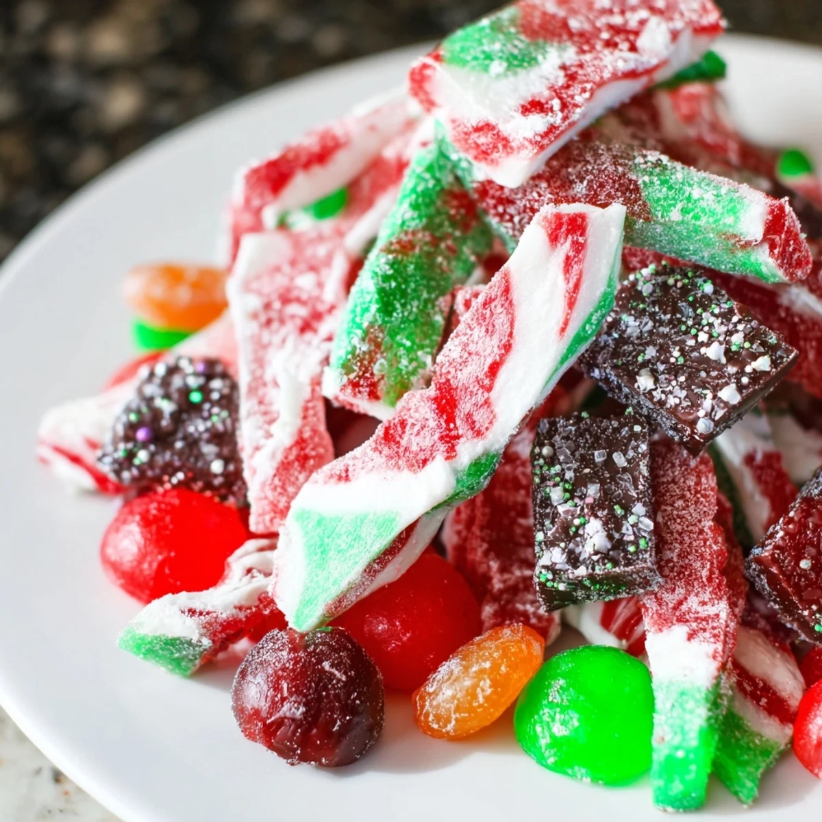 Homemade Jingle Bell Rock Candy, sparkling among festive chocolates and candies, delights the eye.