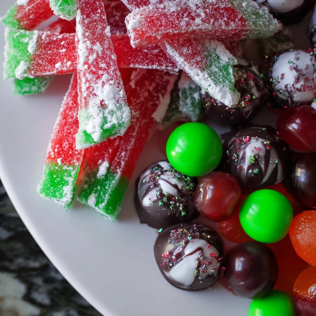 A platter of vibrant Jingle Bell Rock Candy displays a dazzling holiday dessert presentation.