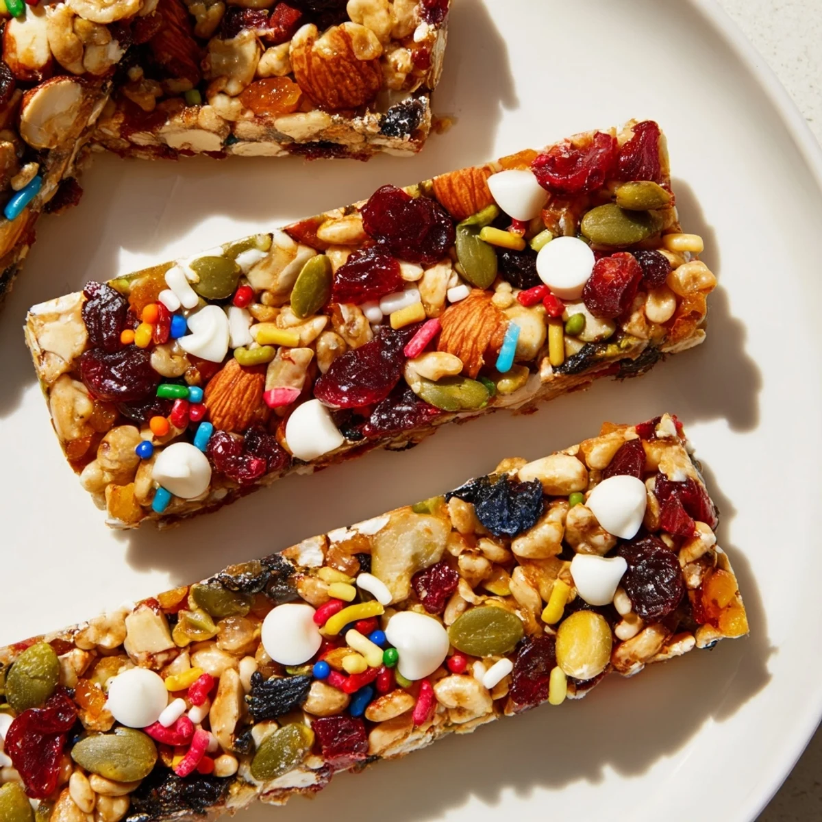 A delicious Winter Wonderland Trail Mix Bar, packed with nuts, fruits, and white chocolate, ready to enjoy.