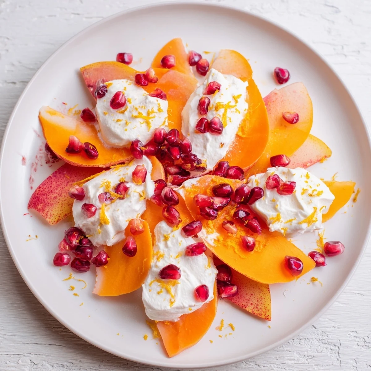 A winter fruit persimmon and pear snowscape dessert, arranged beautifully with mascarpone cream and pomegranate.