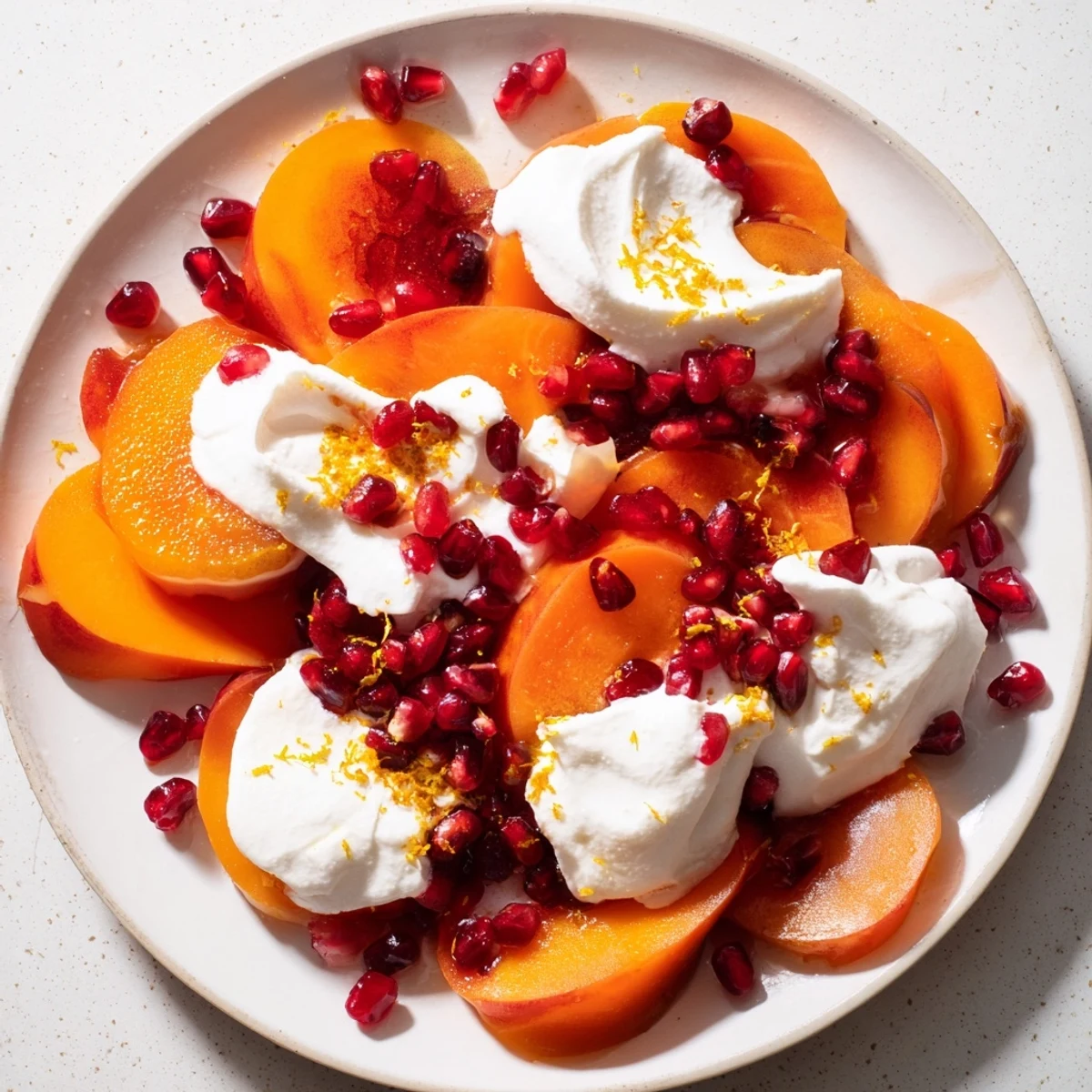 Refreshing winter fruit snowscape: Persimmons and pears with creamy mascarpone, delicious dessert.