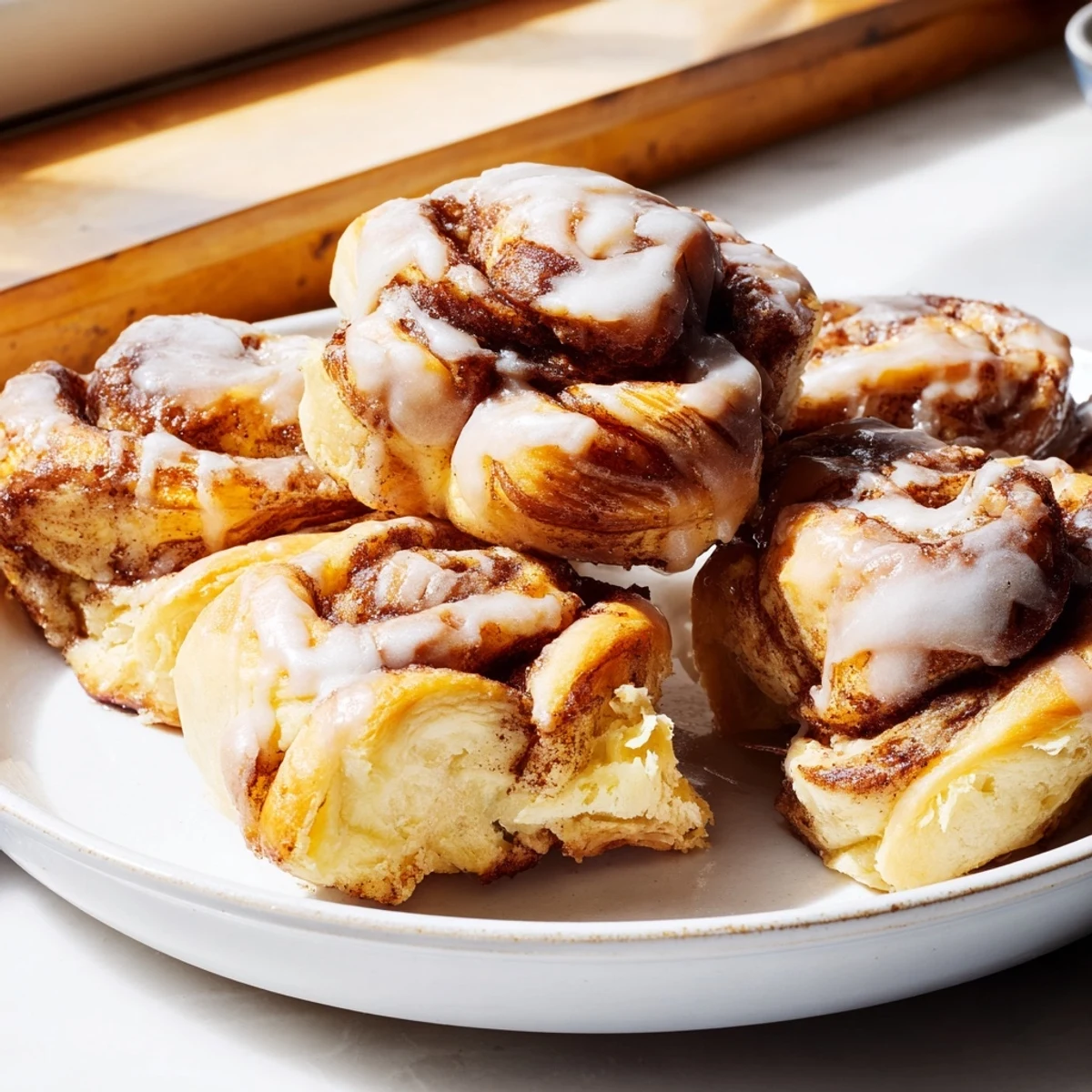 Fluffy, golden Giant Snowflake Sweet Roll centerpiece, perfect for a cozy holiday breakfast, iced.