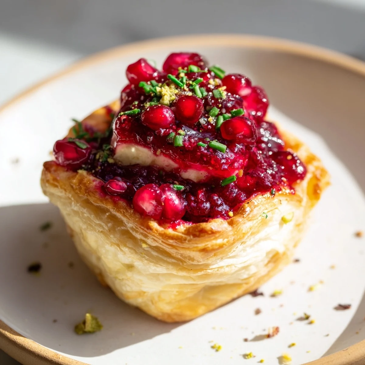 Golden, bubbly Fireworks Brie Tartlets, topped with jewel-toned pomegranate and fresh herbs, ready to serve and enjoy.