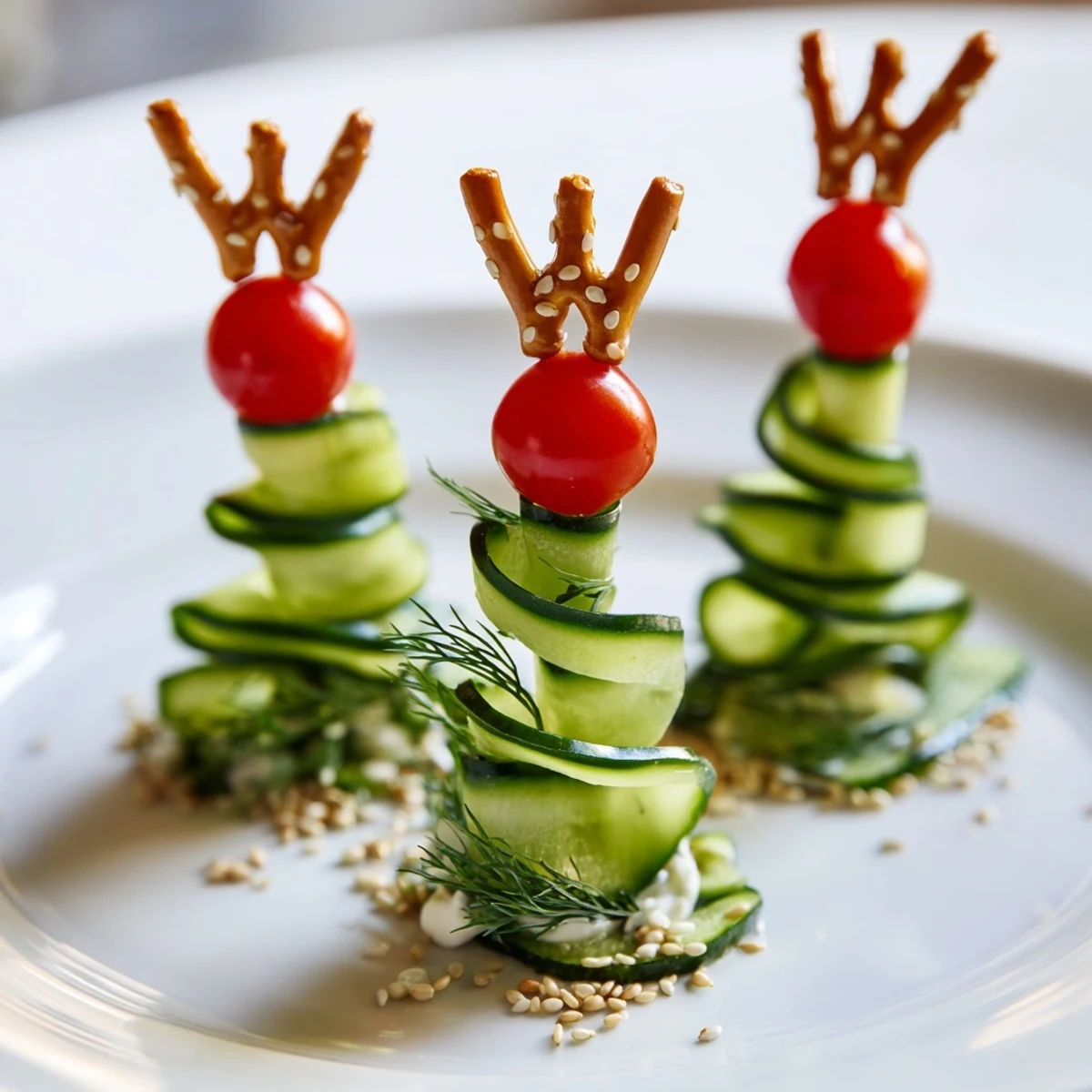 Festive Spiral Cucumber Ribbon Christmas Trees appetizer, beautifully arranged with creamy cheese and red tomatoes.