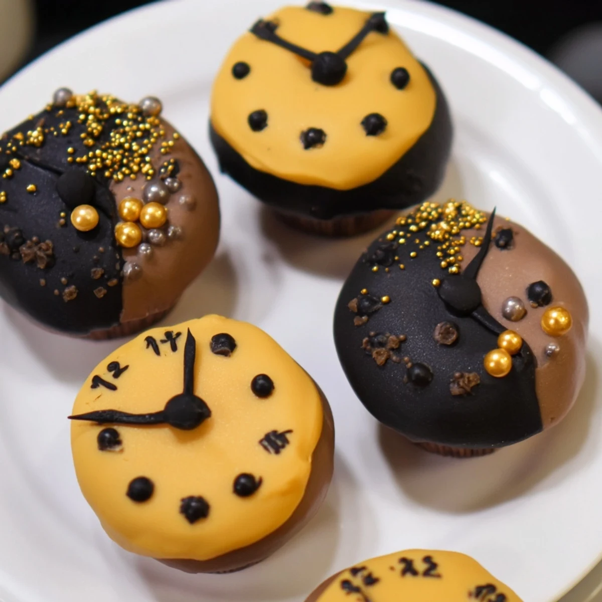 Golden buttercream frosting decorates countdown clock mini desserts for a festive New Year's Eve celebration.
