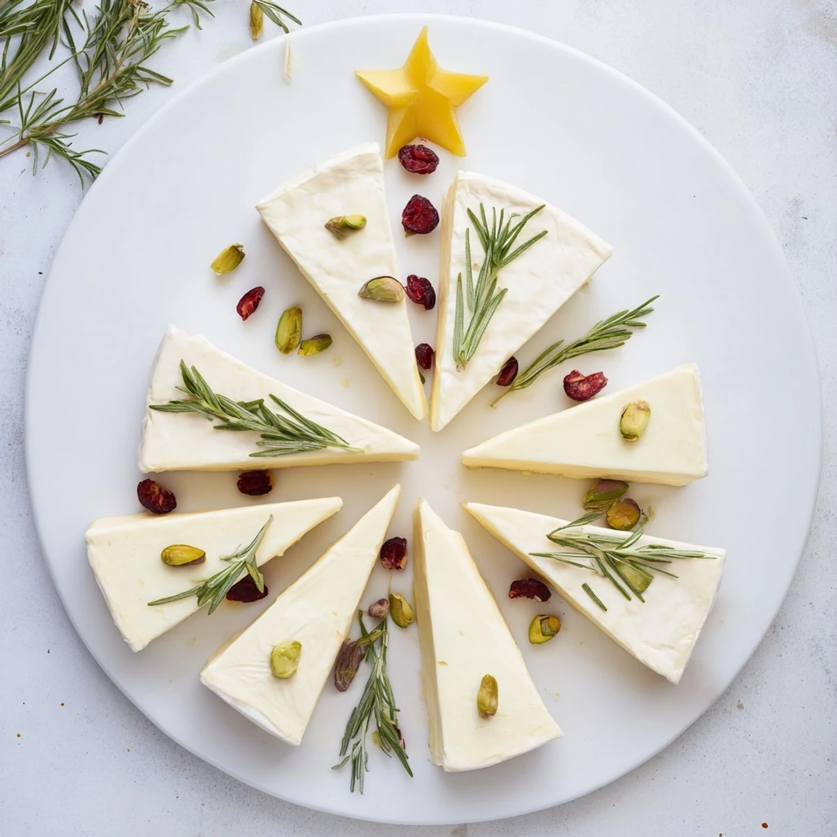 Elegant Brie Triangle Cheese Tree appetizer with rosemary, cranberries, and pistachios for a festive presentation.