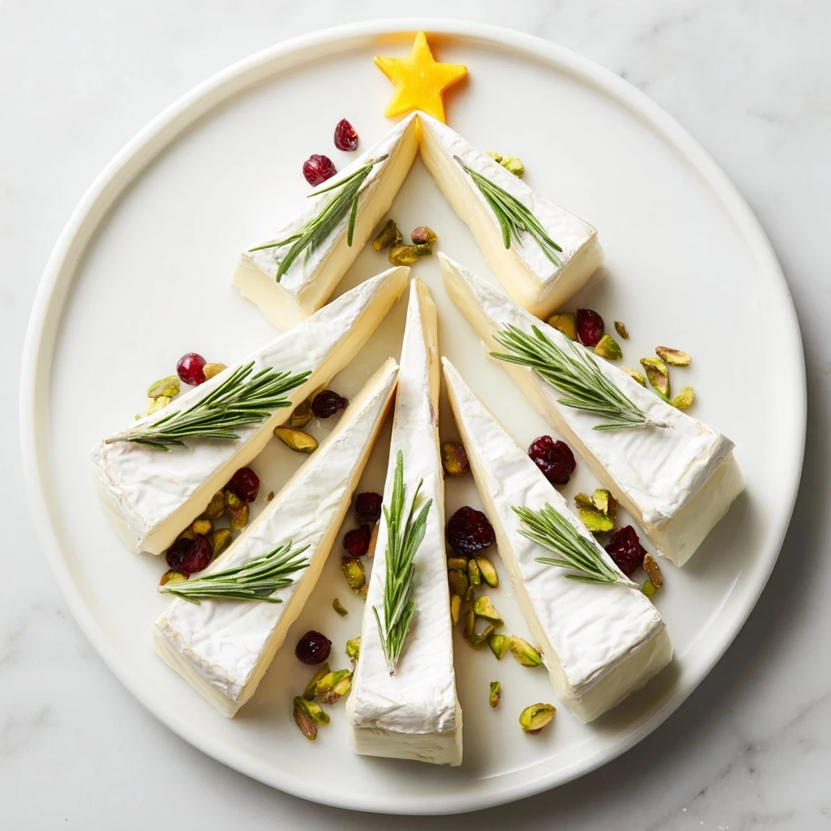 Creamy Brie Triangle Cheese Tree, beautifully arranged like a Christmas tree, ready to serve with crackers.