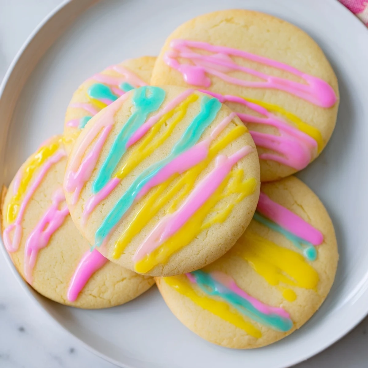 A plate of vibrant sugar cookies, drizzled with colorful icing, ready to enjoy.