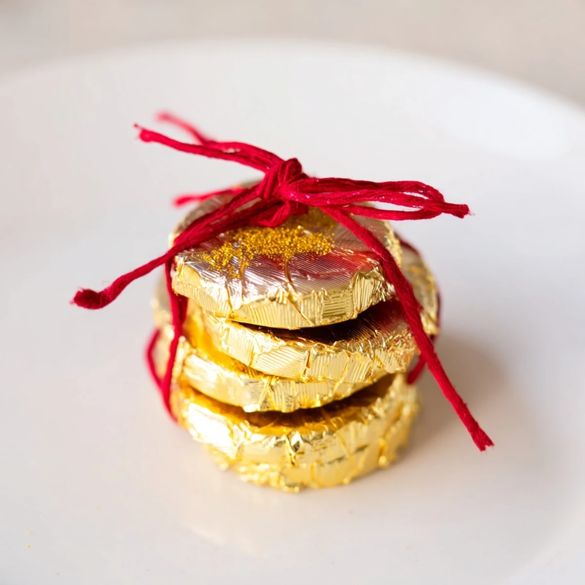 Shimmering chocolate gold coins stacked high, a stunning holiday display with delicious no-bake treat possibilities.