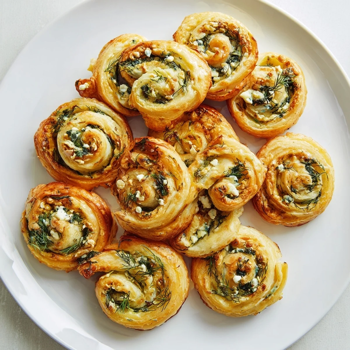 Fresh baked Savory Spinach Feta Pinwheel Spirals, showcasing their creamy spinach feta filling and perfect spiral shape.