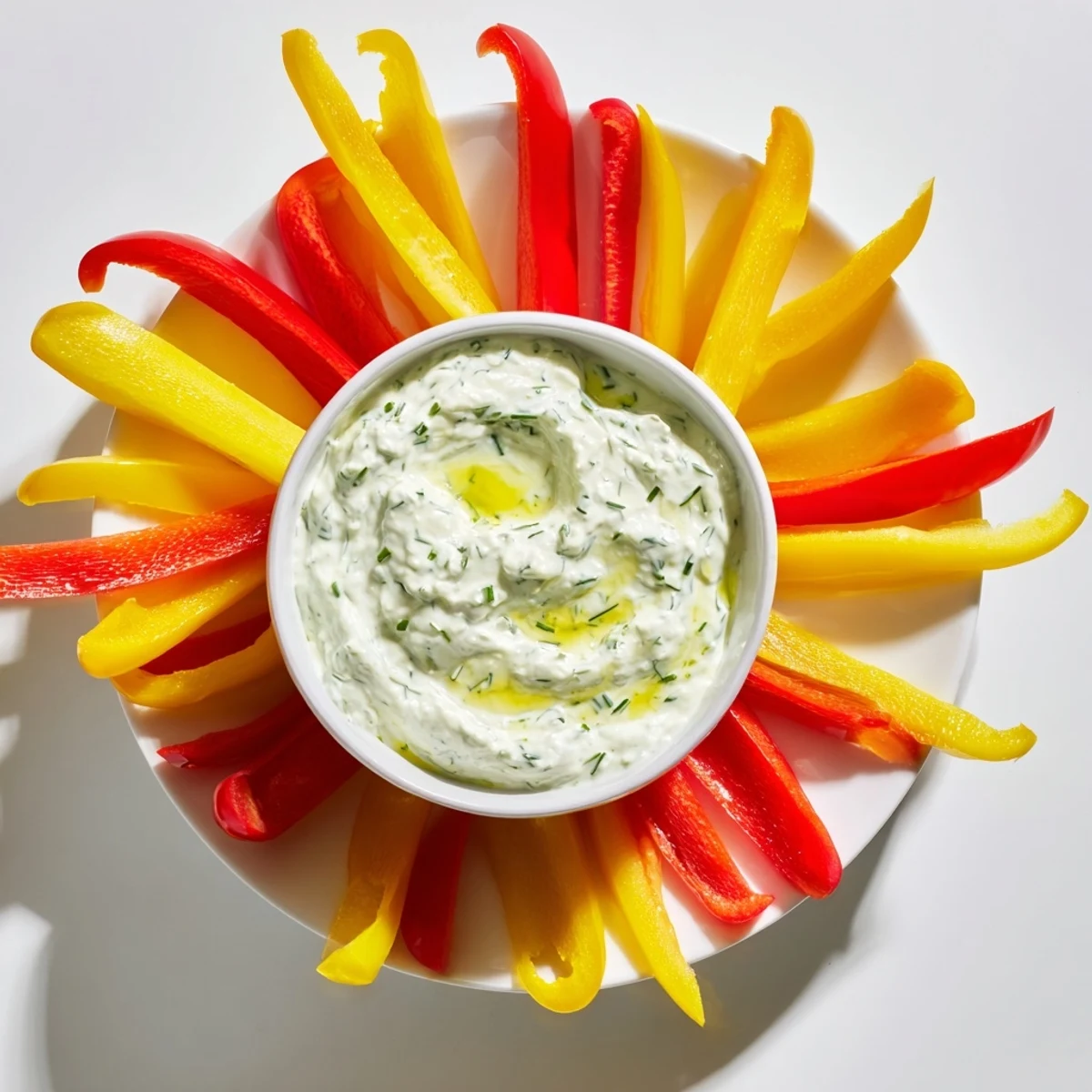 Crisp, colorful bell pepper strips surround a bowl of creamy Greek yogurt dip, delicious and ready to enjoy.