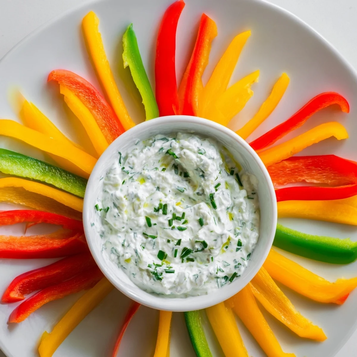 Fresh bell pepper strips with creamy Greek yogurt dip, a healthy and vibrant snack for sharing.