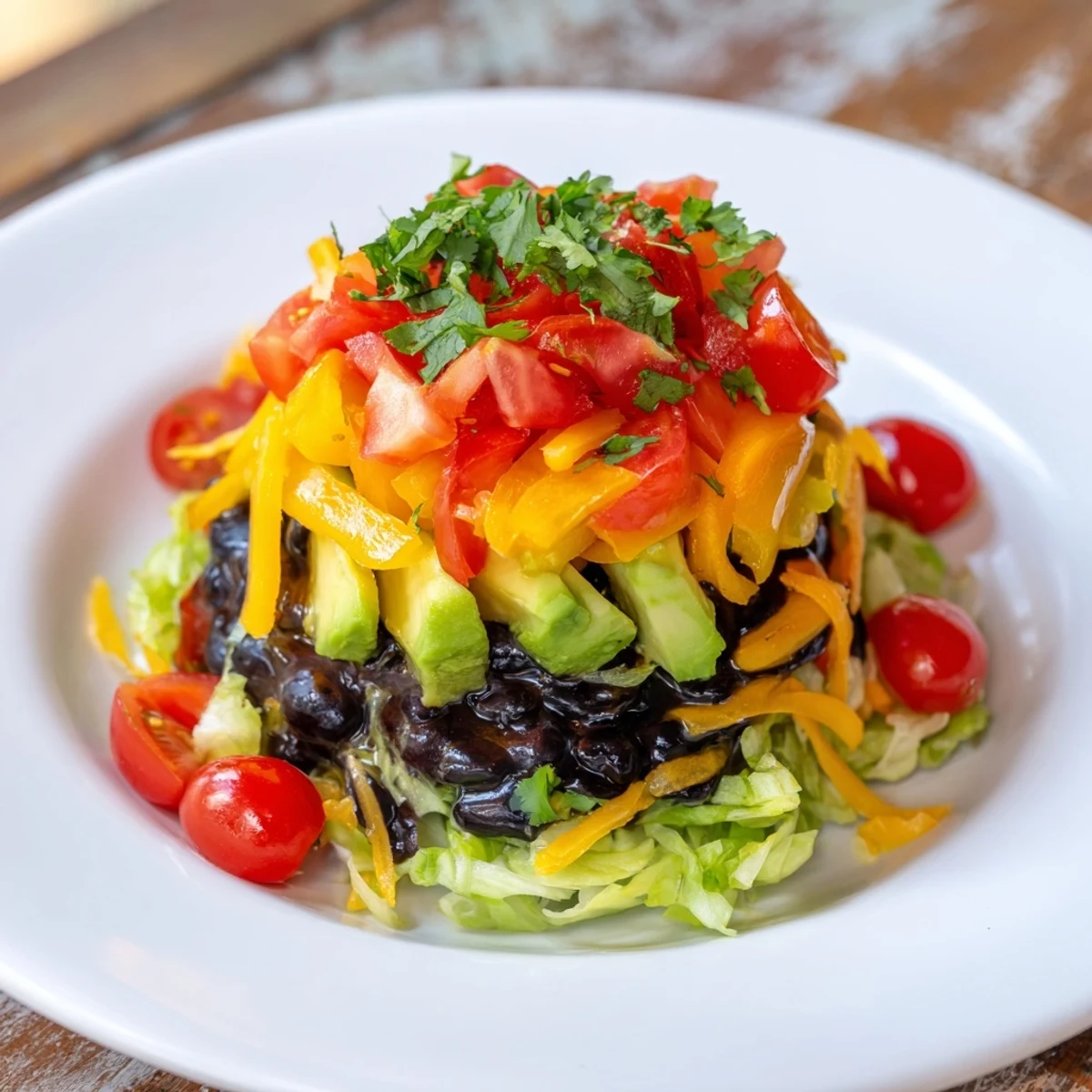 Southwest Sunset Palette salad layered with vibrant peppers, black beans, and spicy cheese.