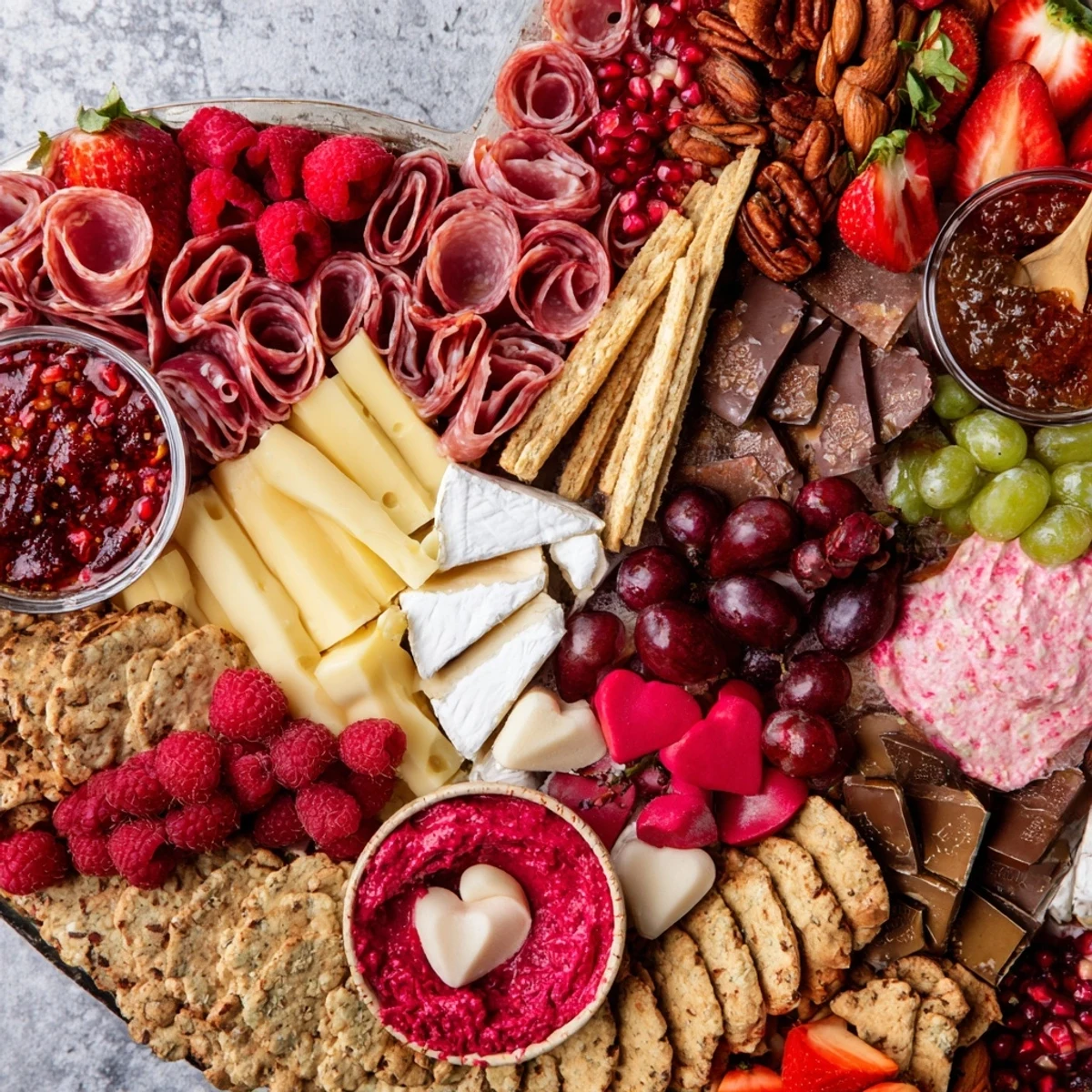 A romantic Heart of Romance Board overflowing with fresh fruits and cheeses, ready to serve.