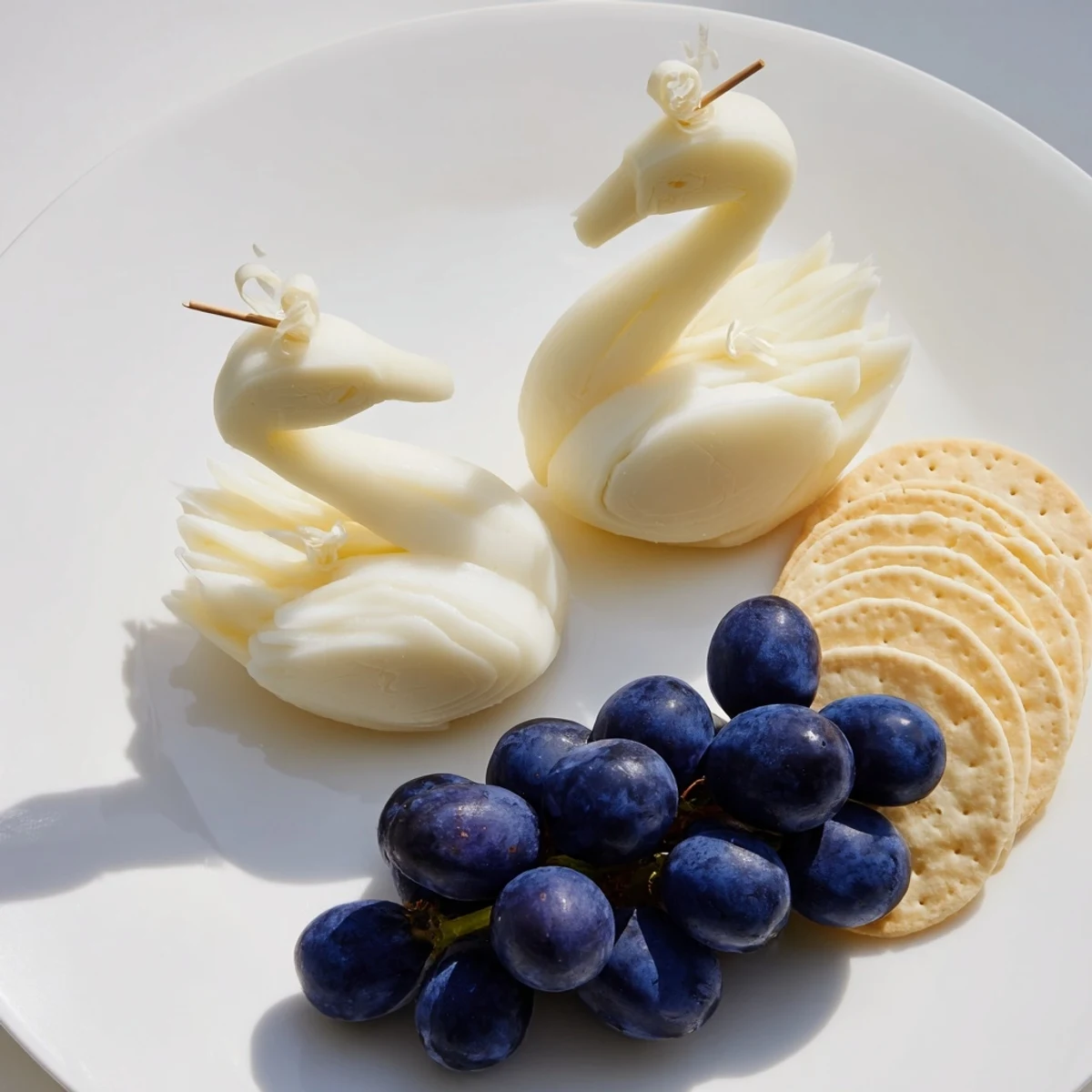 Elegant Swan Lake Board appetizer: pristine white cheese swan sculptures set among juicy grapes.