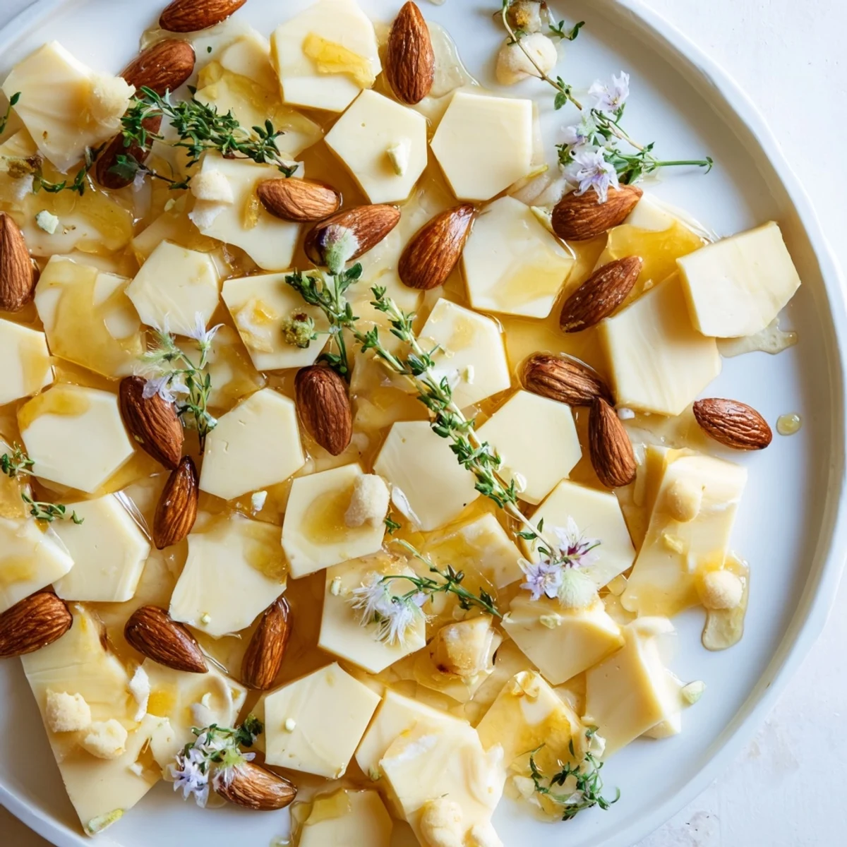 Intricate Honeycomb Hexagon Maze appetizer; imagine the textures of cheese, nuts, and golden honey.