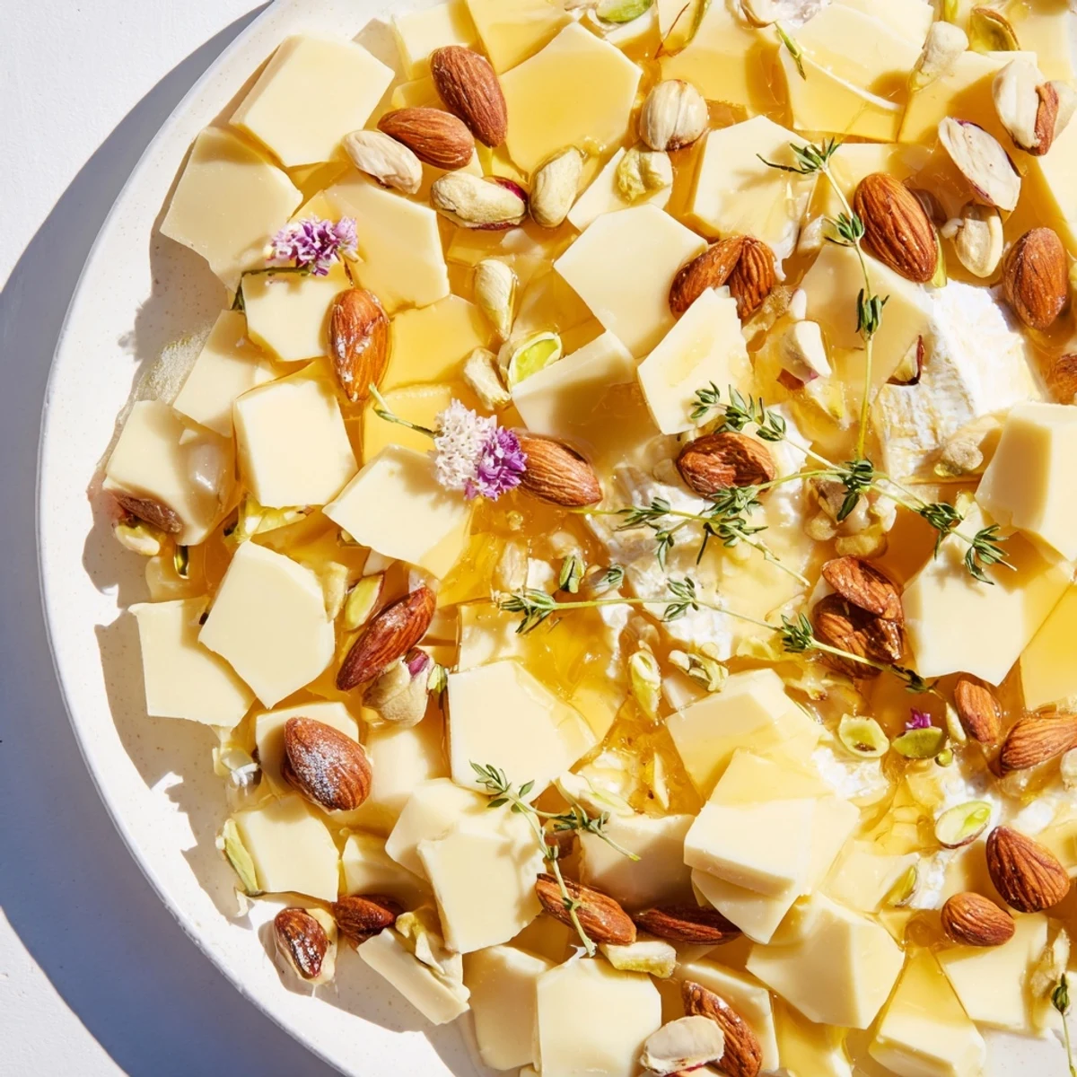 Honeycomb Hexagon Maze cheese platter, a beautiful appetizer with nuts and honey drizzled over cheese.