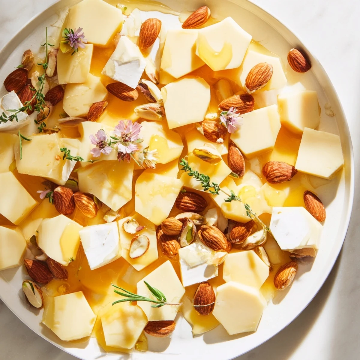 A delicious Honeycomb Hexagon Maze made with cheese, nuts, and a sweet honey drizzle presented beautifully.