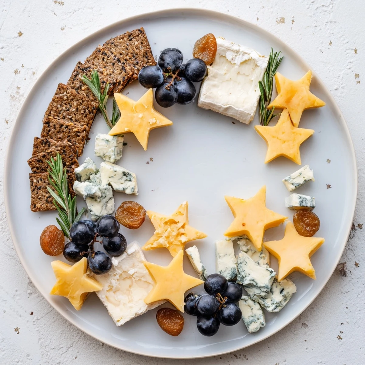 Crescent Moon & Stars Cheese Board: a beautiful arrangement of cheeses, crackers, and fruits for appetizers.