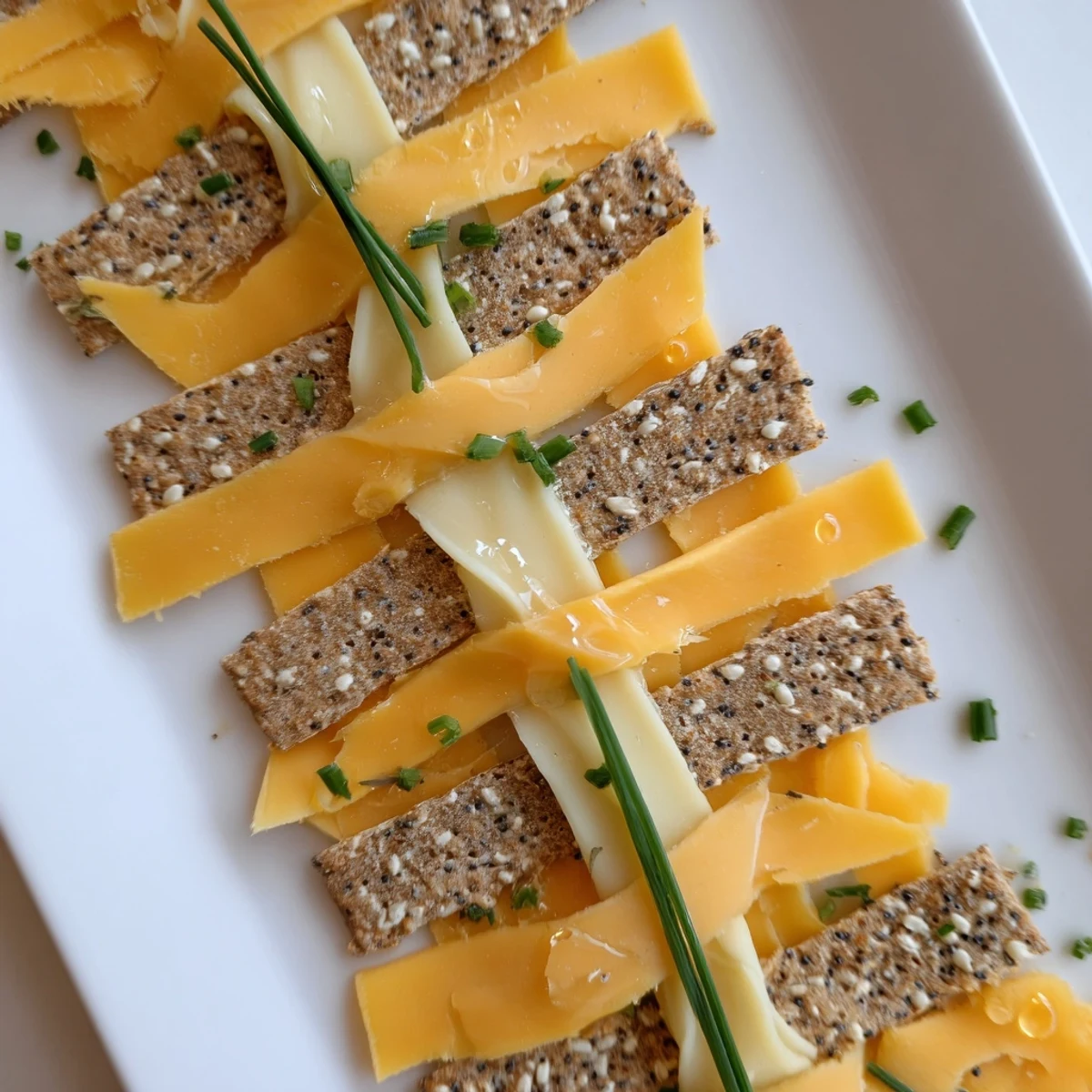 Elegant Garden Gate Lattice appetizer, cheese woven with crackers, garnished with chives and poppy seeds.