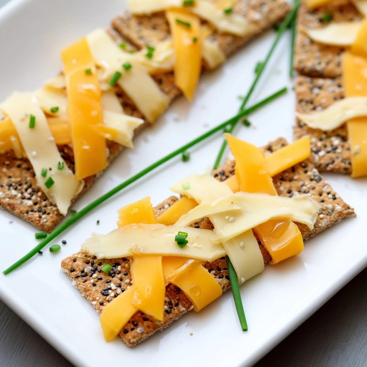 Close-up of the delicious Garden Gate Lattice appetizer: a beautiful cheese and cracker lattice.