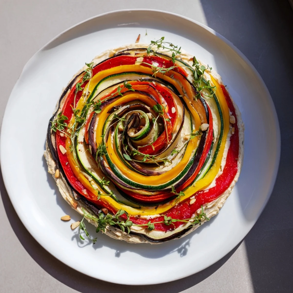 Elegant presentation of The Snail Shell Spiral appetizer with colorful roasted vegetables and goat cheese.