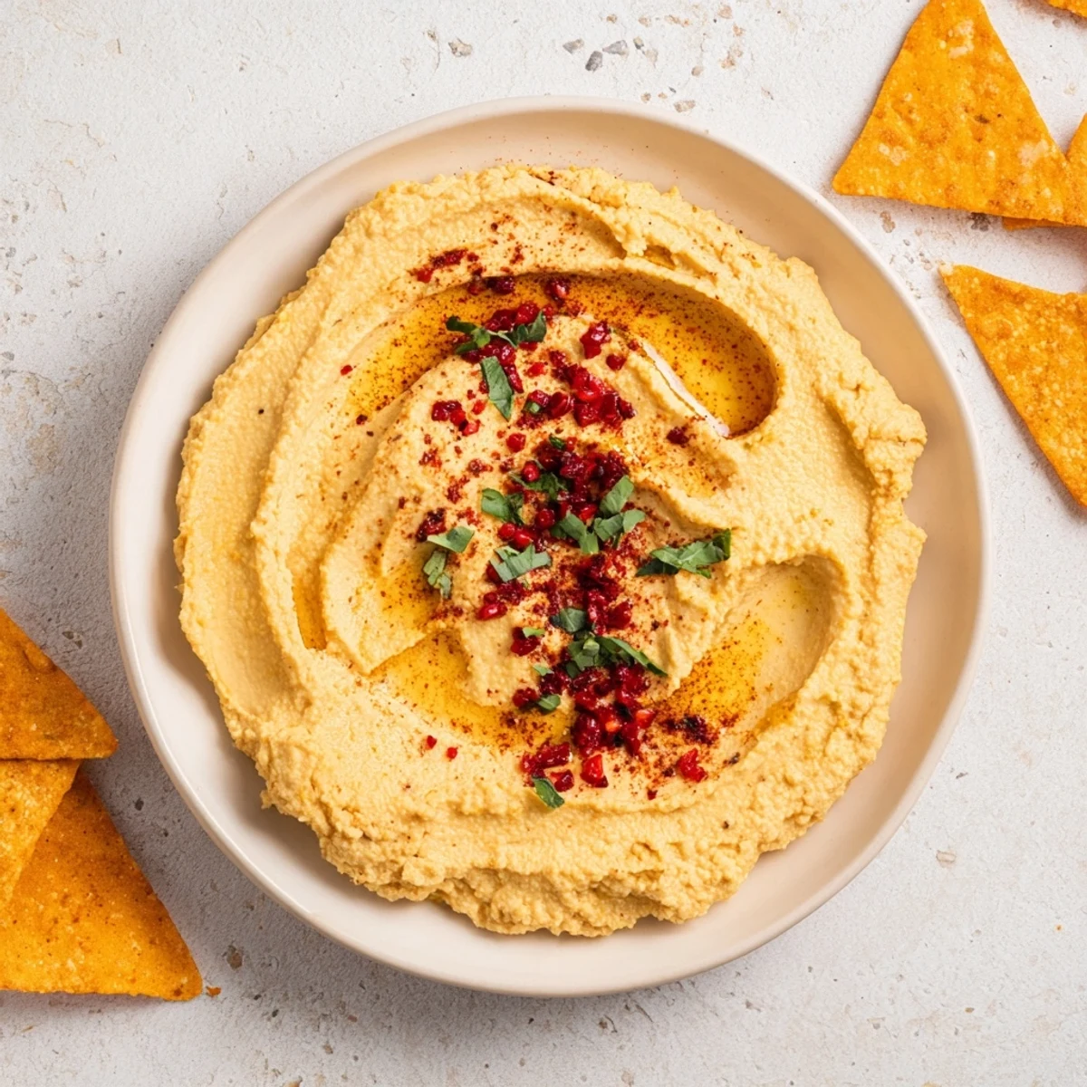 Creamy The Sahara Dune appetizer with sculpted hummus dunes and crispy pita chips.