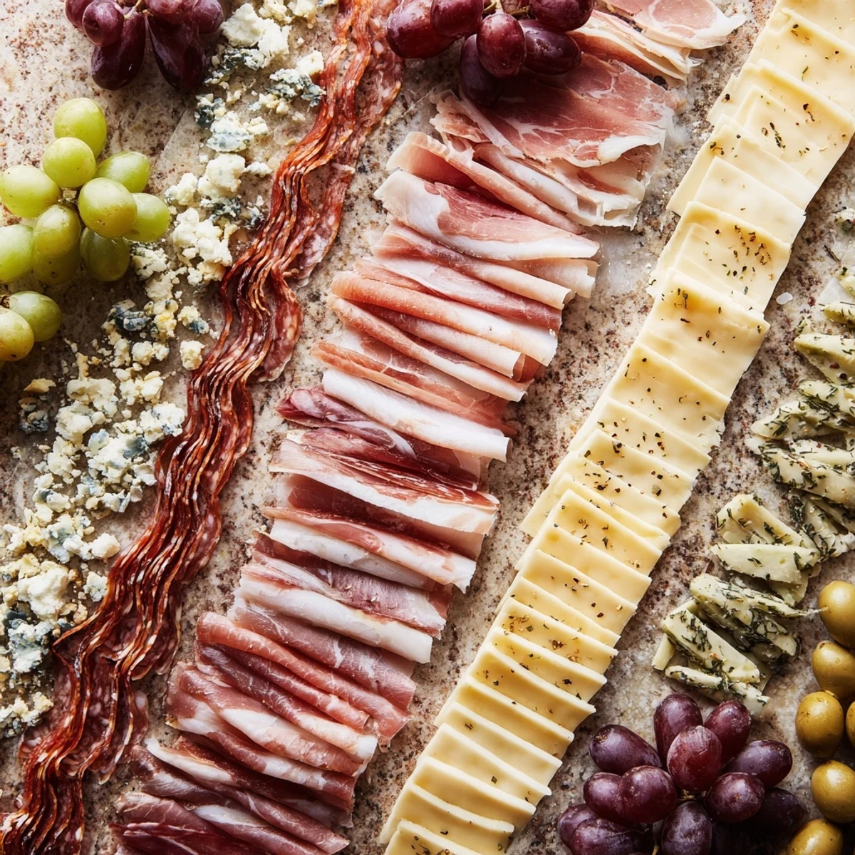 Industrial Slate appetizer platter: Cold meats and cheeses precisely arranged for an unforgettable experience.