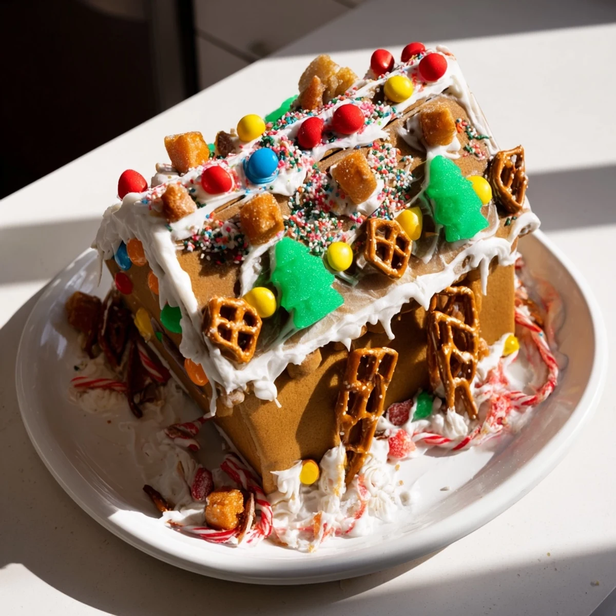 Colorful candies and royal icing adorn this festive, homemade gingerbread house kit.